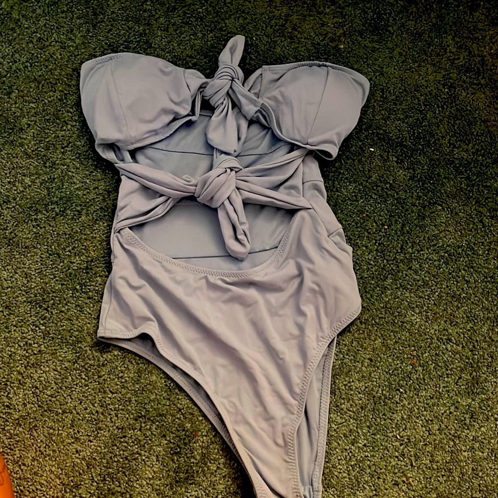 Strapless baby blue bathing suit with cut outs